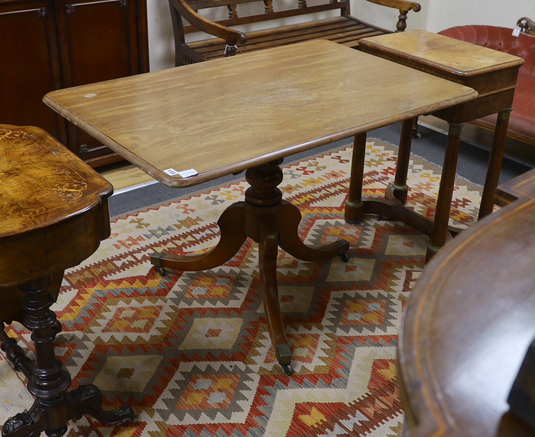 A Regency rectangular mahogany tilt top breakfast table, width 112cm, depth 73cm, height 74cm